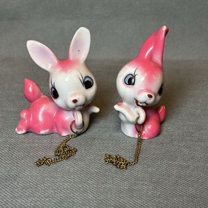 Vintage Pink Baby Bunny Chained Rabbit Japan Arnart Kitschy MCM Easter Ceramic